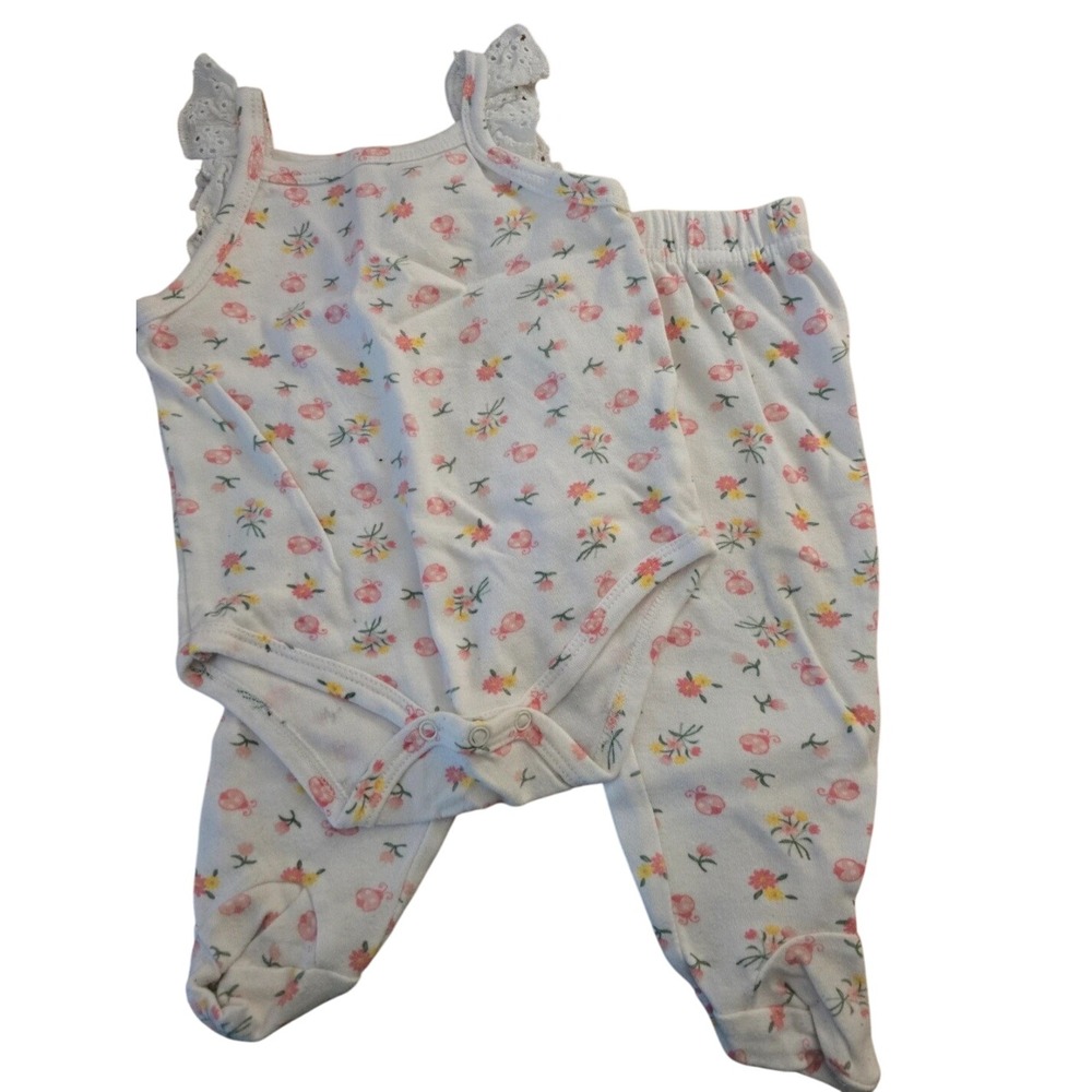 Princess Rose Baby Girl 2pc Set Floral Bodysuit Footed Pants White Pink 6-9M